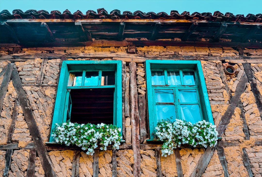 Bir Cumalıkızk Evi Penceresi ve Papatyalar Bursa - Türkiye 